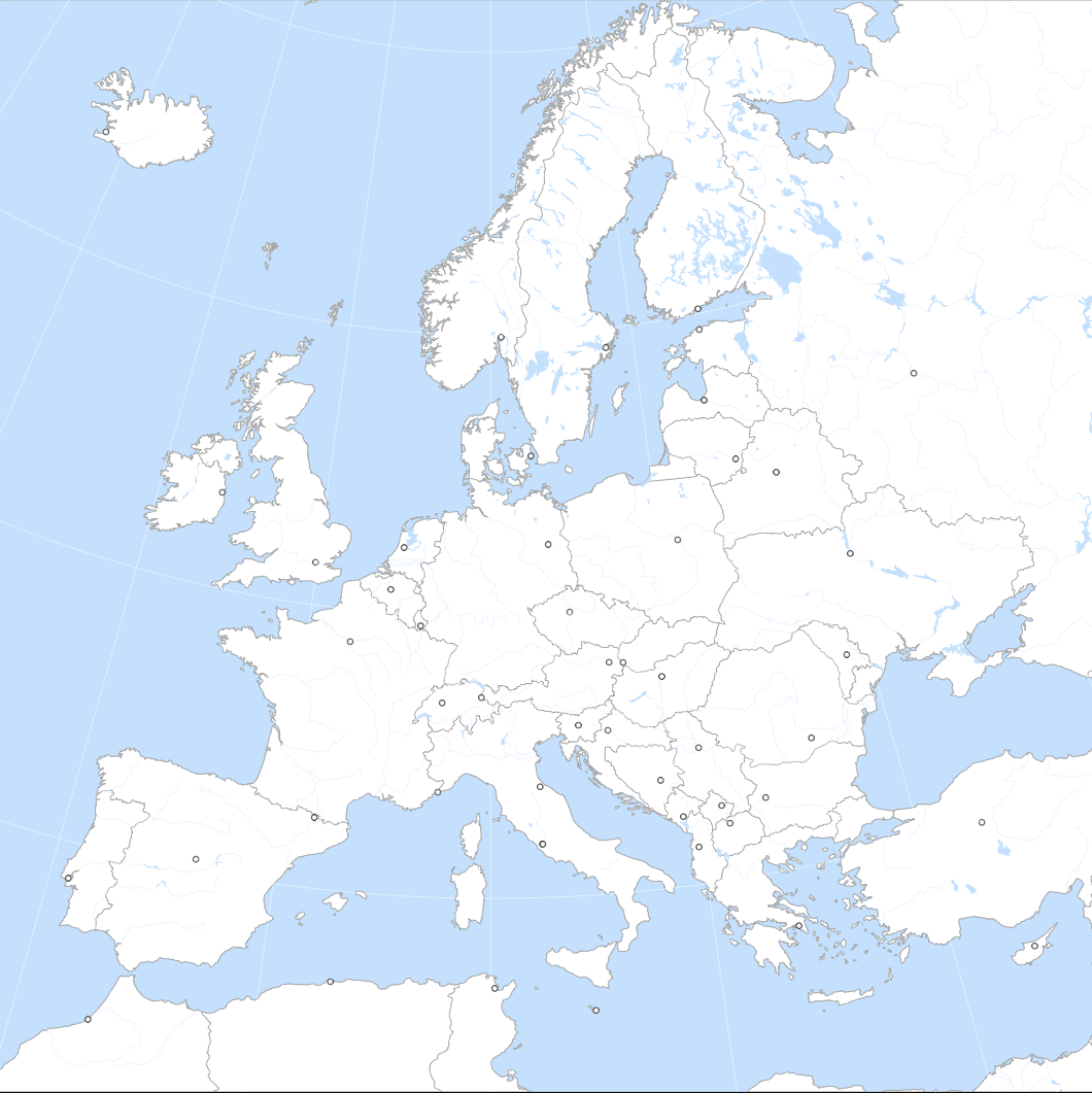 Fond de carte de l'Europe en projection équidistante conique, avec frontières nationales et régionales, fleuves et lacs, échelle graphique de 2 000 km.
