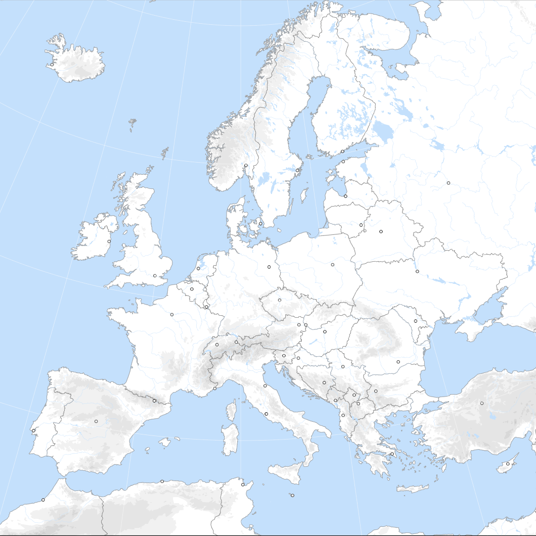 Fond de carte de l'Europe en projection équidistante conique, avec relief ombré, frontières nationales et régionales, fleuves et lacs, échelle graphique de 2 000 km.