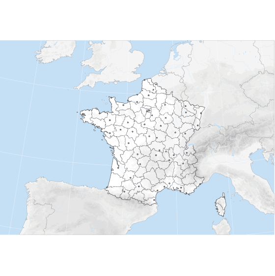Fond de carte de la France métropolitaine avec relief ombré, projection conique conforme de Lambert.