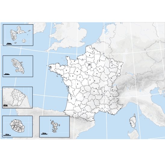 Fond de carte de la France et des départements d’outre-mer avec relief ombré, projection de Lambert.