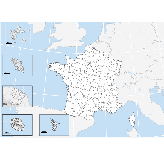 Fond de carte de la France et des départements d’outre-mer, projection de Lambert.