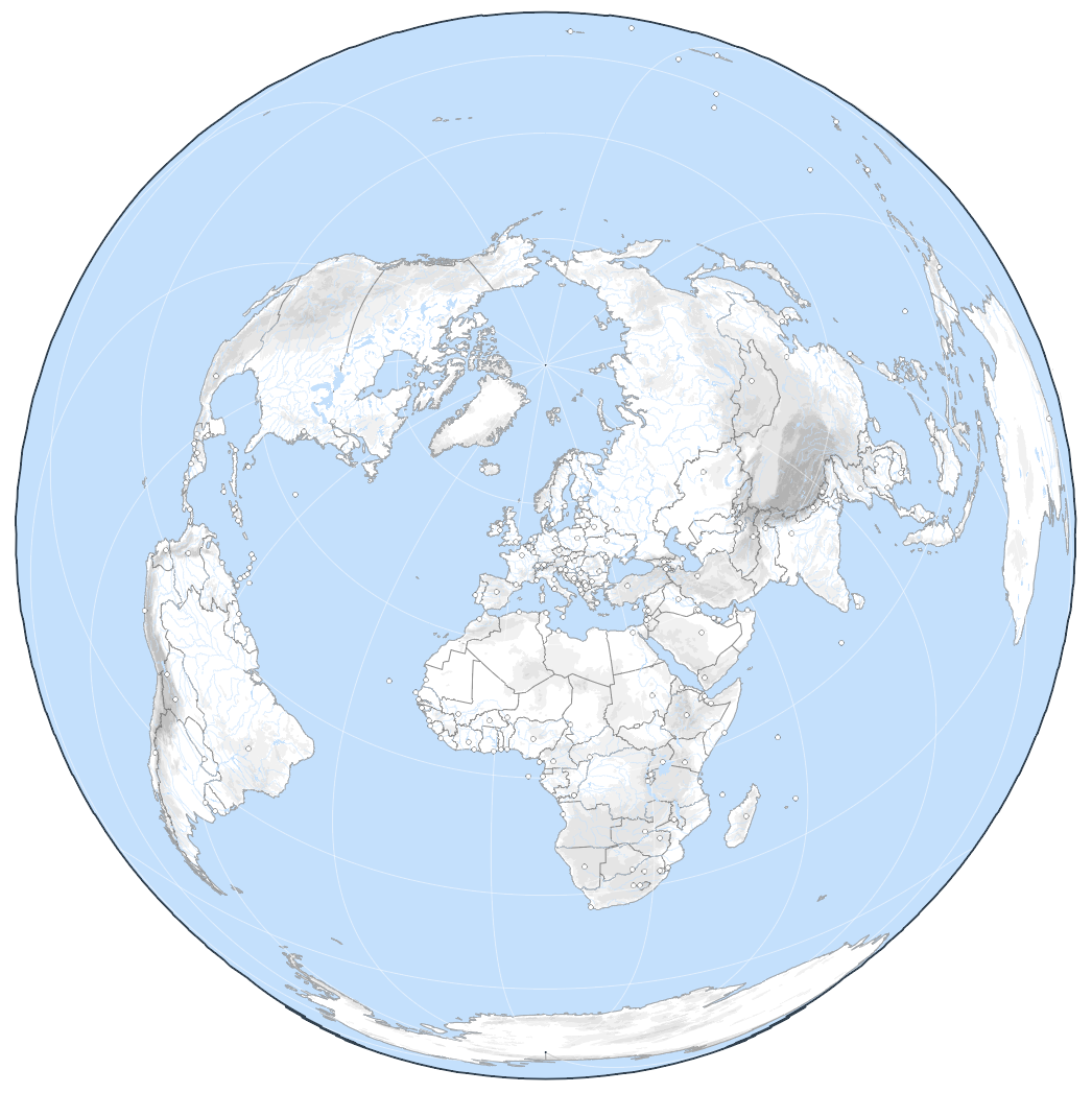 Fond de carte du Monde avec relief ombré, projection azimutale équivalente de Lambert.