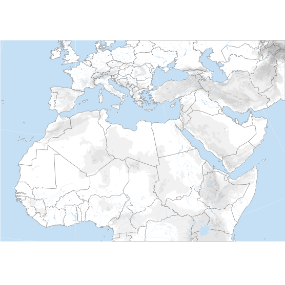 Fond de carte du Moyen-Orient et le Maghreb avec relief ombré, projection d'Albers.